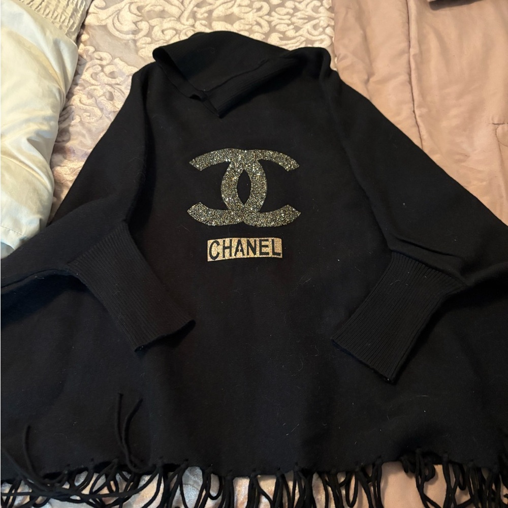 Black Poncho with Logo and Fringe